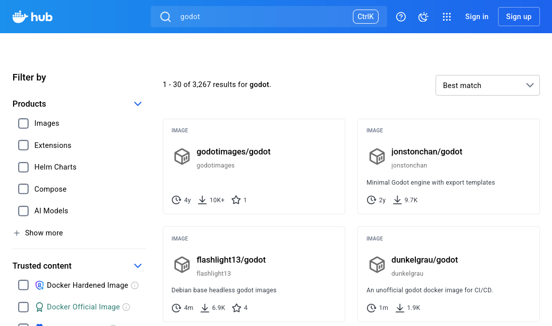 foto de unos resultados en el buscador de imágenes de Docker de DockerHub