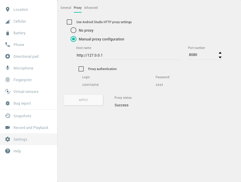 a screenshot shows the emulator proxy configured to use http://127.0.0.1:8080