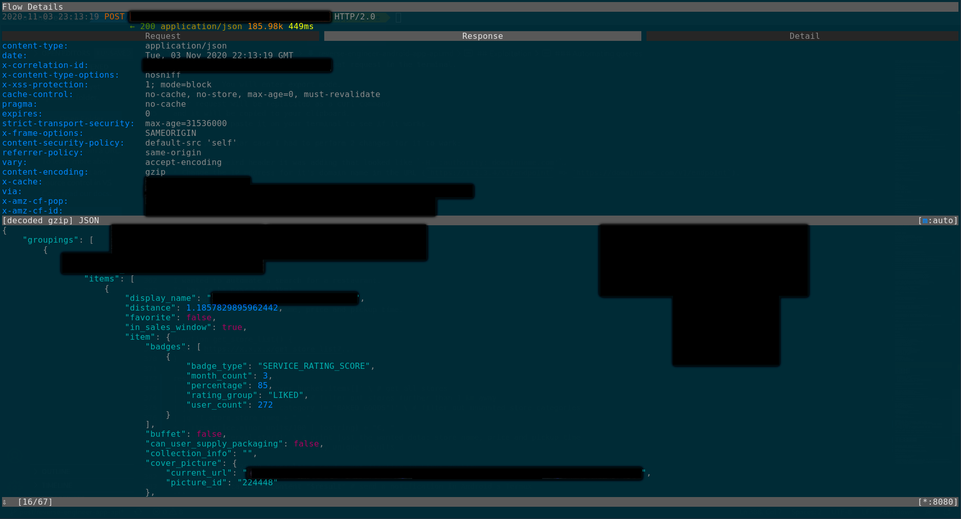 a screenshot shows how an intercepted response looks in mitmproxy